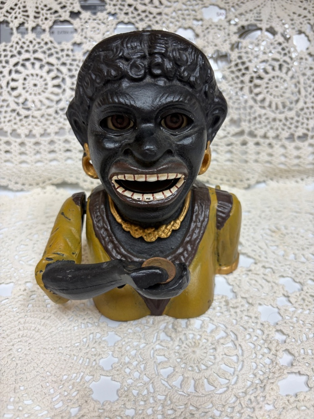Vintage Black Cast Iron Coin Bank with Gold Accents